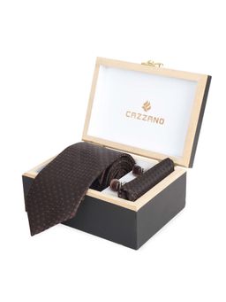 CAZZANO - Microfiber Brown Printed Tie With Pocket Square & Cufflinks
