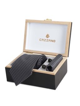 CAZZANO - Microfiber Black Printed Tie With Pocket Square & Cufflinks