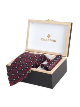 CAZZANO - Microfiber Red Printed Tie With Pocket Square & Cufflinks