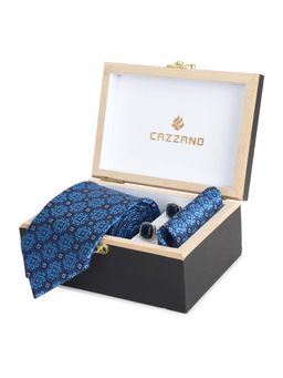 CAZZANO - Microfiber Blue Printed Tie With Pocket Square & Cufflinks