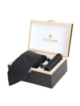 CAZZANO - Microfiber Black Printed Tie With Pocket Square & Cufflinks