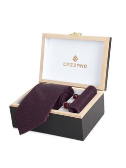 CAZZANO - Microfiber Maroon Printed Tie With Pocket Square & Cufflinks
