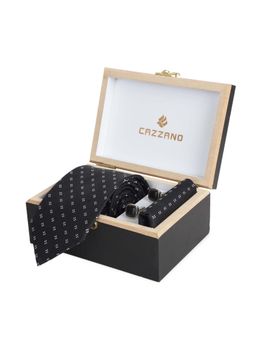 CAZZANO - Microfiber Black Printed Tie With Pocket Square & Cufflinks
