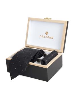 CAZZANO - Microfiber Black Printed Tie With Pocket Square & Cufflinks
