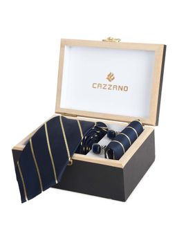 CAZZANO - Microfiber Blue Stripes Tie With Pocket Square & Cufflinks