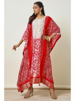 Soch - Women Red Brocade Printed Woven Kaftan Dress with Inner (Set of 2)