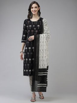 Yufta - Women Black And Off White Cotton Kurta With Trouser And Dupatta (Set of 3)