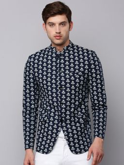 SHOWOFF - Mens Mandarin Collar Printed Navy Blue Open Front Blazer
