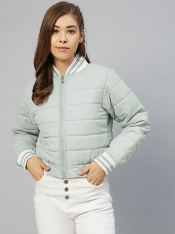 RARE - Women Casual Sea Green Stand Collar Solid Padded Jacket