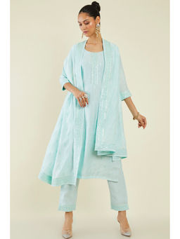 Soch - Women Blue Cotton Silk Embroidered Suit (Set of 3)