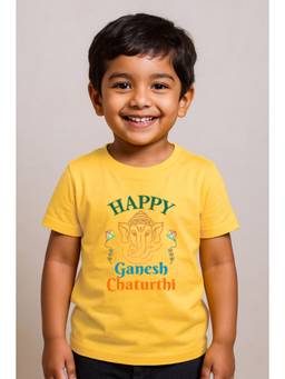 BLUSHES - Half Sleeve Ganesh Chaturthi Printed T-Shirt-Yellow
