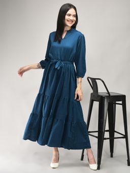 Fnocks - Navy Blue Womens Western Wear Tie Waist Maxi Dress with Belt