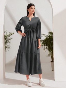 Fnocks - Grey Womens Western Wear Tie Waist Maxi Dress with Belt