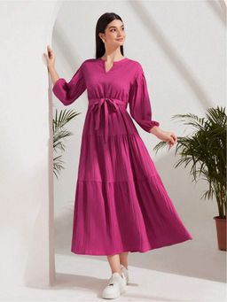 Fnocks - Pink Womens Western Wear Tie Waist Maxi Dress with Belt