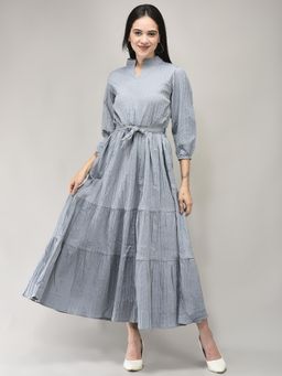 Fnocks - Grey Womens Western Wear Tie Waist Maxi Dress with Belt