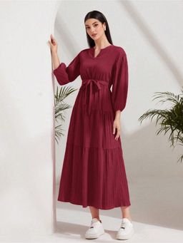 Fnocks - Maroon Womens Western Wear Tie Waist Maxi Dress with Belt