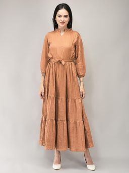 Fnocks - Rust Womens Western Wear Tie Waist Maxi Dress with Belt