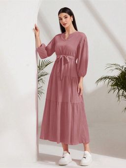 Fnocks - Peach Womens Western Wear Tie Waist Maxi Dress with Belt