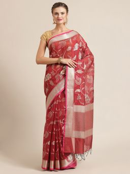 Banarasi Silk Works - Masrise Cotton Woven Saree Maroon with Unstitched Blouse