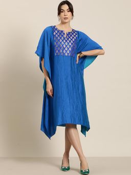 Qurvii - Royal Blue Silk Kaftan Dress With Brocade Yoke