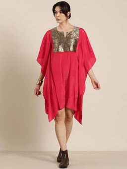 Qurvii - Red Crepe Silk Kaftan Dress With Brocade Yoke