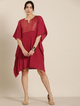 Qurvii - Red Crepe Silk Kaftan Dress With Brocade Yoke