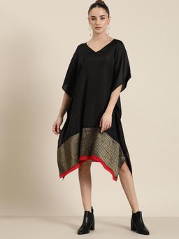 Qurvii - Black Silk V-Neck Brocade Kaftan Dress