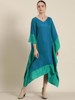 Qurvii - Teal Silk V-Neck Long Kaftan Dress With Contrast Green Border