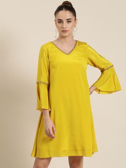 Qurvii - Yellow Silk Embellished Festive Party Dress
