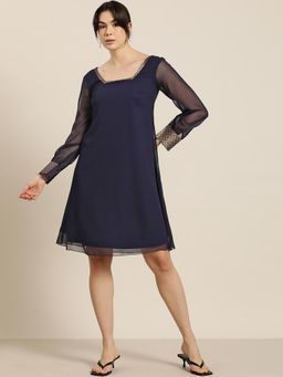 Qurvii - Navy Georgette And Brocade Embellished Party Dress