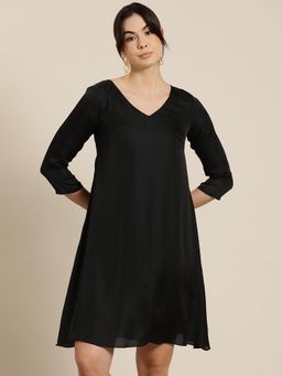 Qurvii - Black Silk A-Line Party Dress