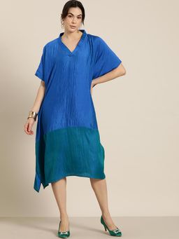 Qurvii - Royal Blue And Green Colorblock Silk Kimono Dress