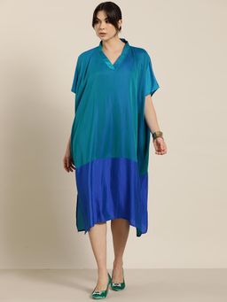 Qurvii - Green And Royal Blue Colorblock Silk Kimono Dress