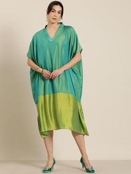 Qurvii - Turquoise Green And Lime Colorblock Silk Kimono Dress