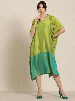 Qurvii - Lime Green And Turquoise Colorblock Silk Kimono Dress