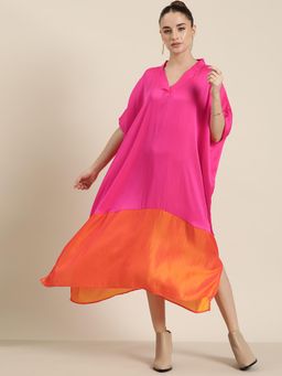 Qurvii - Fuchsia Pink and Orange Silk Colorblock Kimono Dress