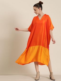 Qurvii - Orange and Saffron Silk Kimono Colorblock Dress