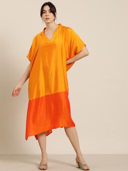 Qurvii - Saffron and Orange Silk Kimono Colorblock Dress