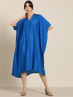 Qurvii - Royal Blue Silk Kaftan Dress with Brocade