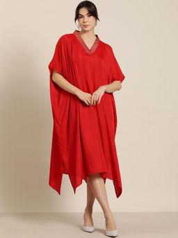 Qurvii - Red Silk Kaftan Dress with Brocade