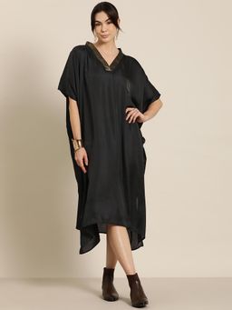 Qurvii - Black Silk Kaftan Dress with Brocade