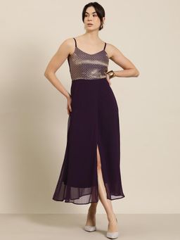 Qurvii - Purple Midi Dress with Brocade Yoke