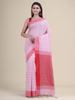 LAA CALCUTTA - White Pure Cotton Handloom Saree with Unstitched Blouse