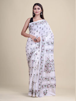 LAA CALCUTTA - White Kantha Work Saree with Unstitched Blouse