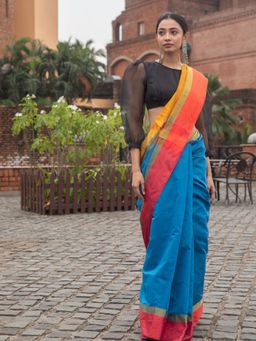 Beatitude - Blue Blended Cotton Saree With Unstitched Blouse