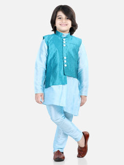 BownBee - Boys Assymetric Kurta Pajama with Jacquard Jacket Blue (Set of 3)