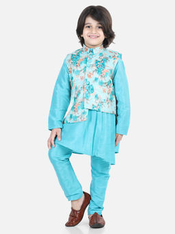 BownBee - Boys Assymetric Kurta Pajama with Printed Jacket Blue (Set of 3)