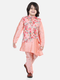 BownBee - Boys Assymetric Kurta Pajama with Printed Jacket Peach (Set of 3)