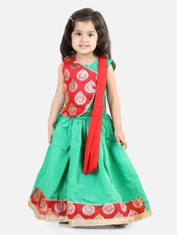 BownBee - Girls Round Panel Foil Print Lehenga with Dupatta Green (Set of 3)
