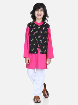 BownBee - Boys Cotton Attached Floral Jacket Kurta Pajama Pink (Set of 3)